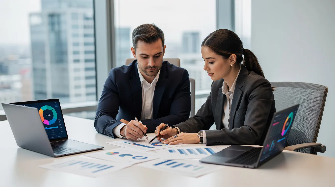 The image depicts two professionals engaged in a detailed review of documents and data charts at a conference table, likely discussing aspects of banking as a service (BaaS) and its implications for financial institutions. Their focus on regulatory compliance and embedded finance capabilities suggests a collaborative effort to enhance customer experience and explore new revenue streams in the digital banking landscape.