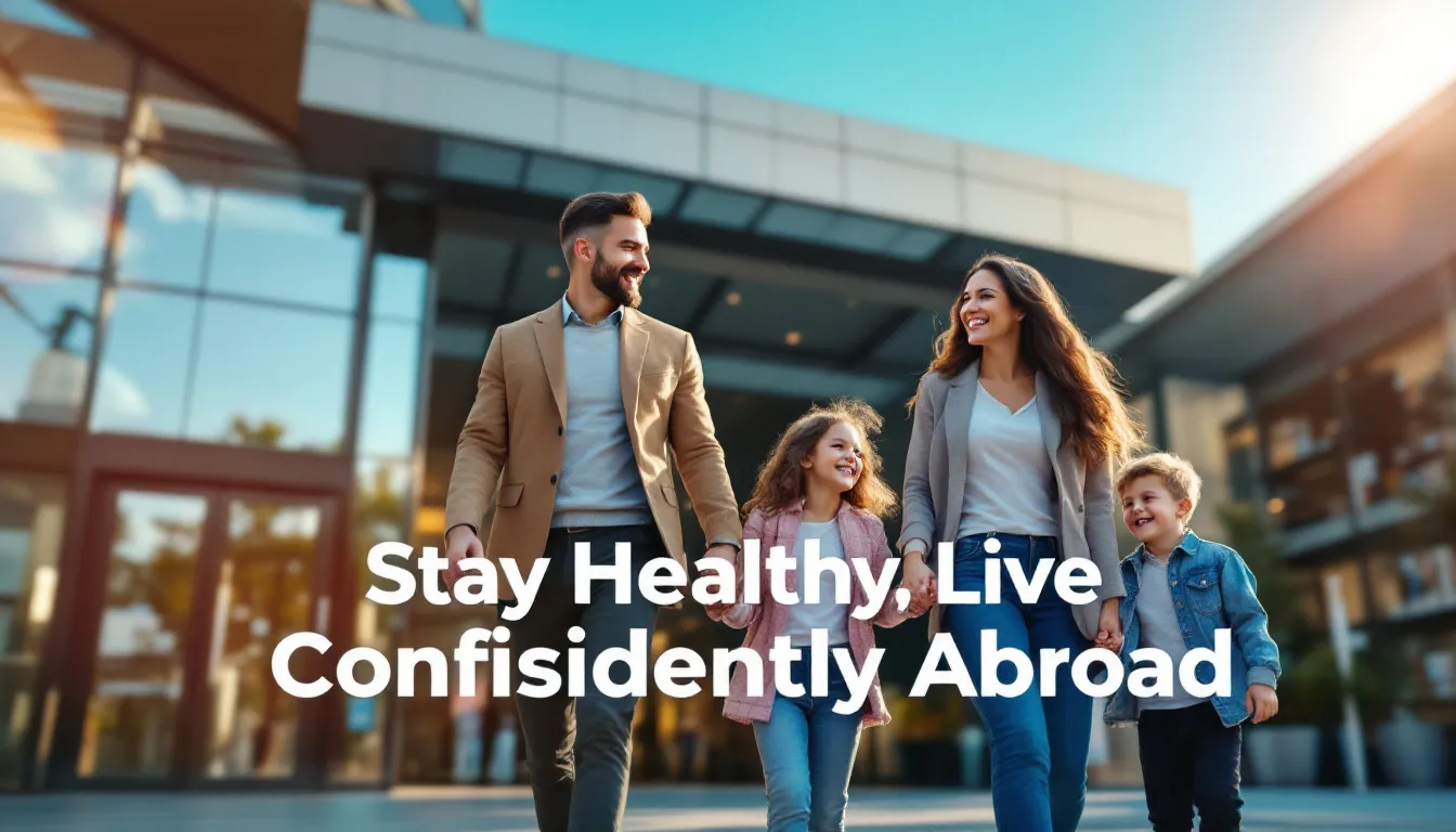 A joyful expat family, consisting of two parents and two children, is walking hand in hand out of an international hospital, radiating happiness and confidence. The overlay text reads, “Stay Healthy, Live Confidently Abroad,” emphasizing the importance of healthcare and support for international travelers.