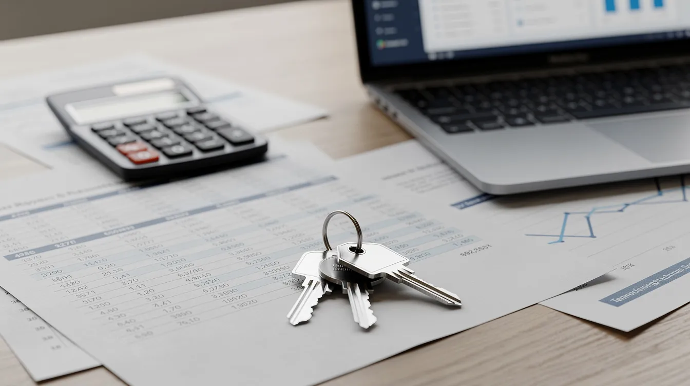The image shows a desk cluttered with financial documents, a calculator, a laptop, and a set of house keys, symbolizing the planning and calculations involved in real estate investment, particularly for fix and flip projects. This setup suggests a focus on purchase and rehab costs, as well as the financial strategies that real estate investors consider when seeking financing options like hard money loans or no money down loans.