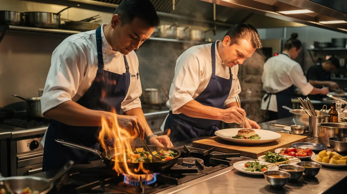The image depicts two restaurant chefs collaborating in a bustling kitchen, surrounded by various cooking equipment and ingredients. They are focused on preparing dishes, showcasing teamwork and the dynamic environment of a professional kitchen.