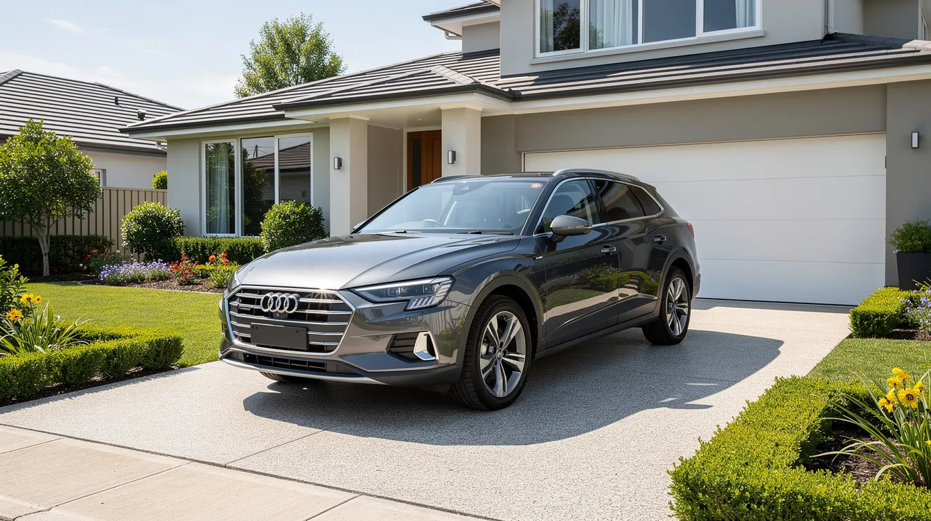 A clean vehicle is parked in a spacious driveway, ready for transport with clear access for loading. This setup is ideal for expedited auto transport services, ensuring a smooth pickup and delivery process.
