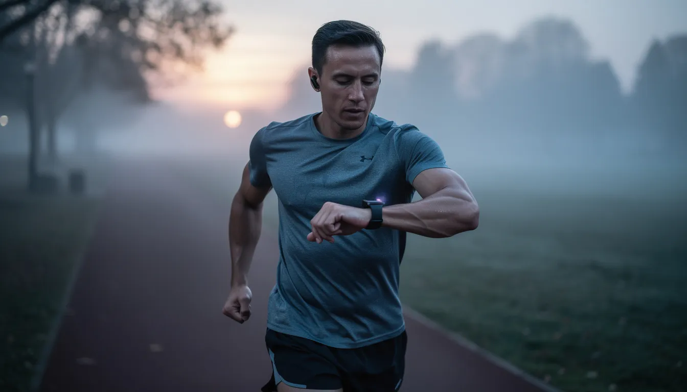 An athletic person is checking their fitness watch during an early morning outdoor workout, likely monitoring their performance and heart rate. This scene captures the essence of high-intensity exercise, which can be enhanced by creatine supplementation for improved muscle growth and exercise performance.