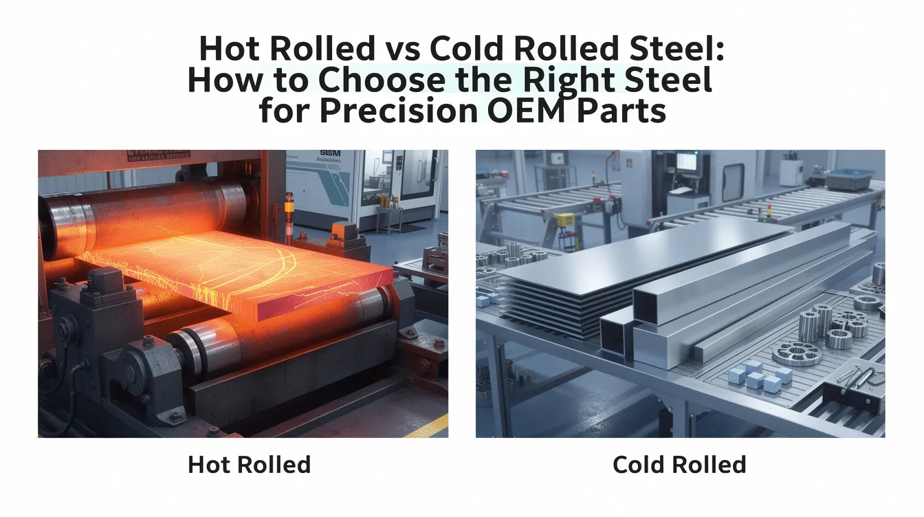 The image illustrates the comparison between hot rolled and cold rolled steel, showcasing their distinct surface finishes and mechanical properties. Hot rolled steel is depicted with a rougher surface and scaled finish, while cold rolled steel features a smoother surface and tighter dimensional tolerances, highlighting their suitability for precision applications in industries like automotive and aerospace.