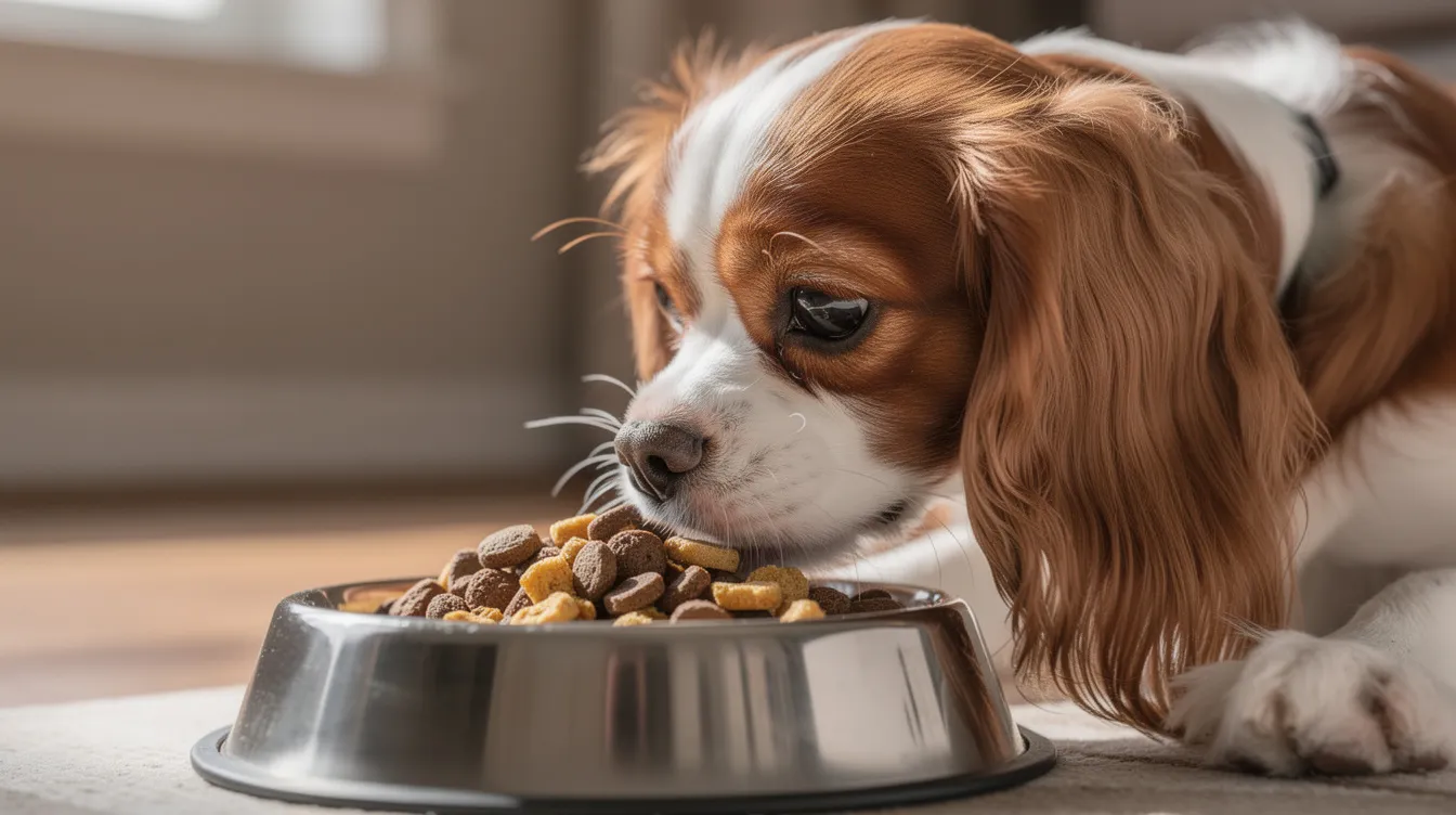 A Cavalier King Charles Spaniel with a silky black and tan coat is happily eating high-quality kibble from a dog bowl, showcasing its gentle nature and love for food. This popular toy breed is known for its friendly demeanor and makes a great companion dog.