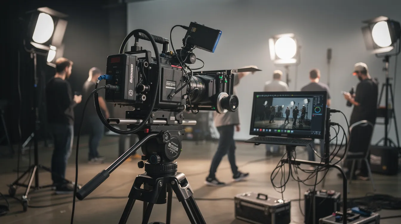 Das Bild zeigt eine professionelle Kameraausrüstung an einem Filmset, umgeben von Scheinwerfern und einem Monitor im Hintergrund, während die Crew engagiert bei der Arbeit ist. Diese Szene spiegelt die Dynamik und Kreativität der Filmproduktion wider, ähnlich der Arbeit von Filmkomponisten wie Hans Zimmer, die für ihre beeindruckenden Soundtracks bekannt sind.