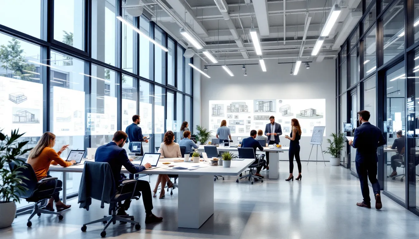 The image depicts a modern architectural office space bustling with architectural workers collaborating at design stations, showcasing a vibrant built environment that fosters creativity and problem solving. Colleagues engage in discussions, reflecting a commitment to higher wages and better working conditions within the industry.