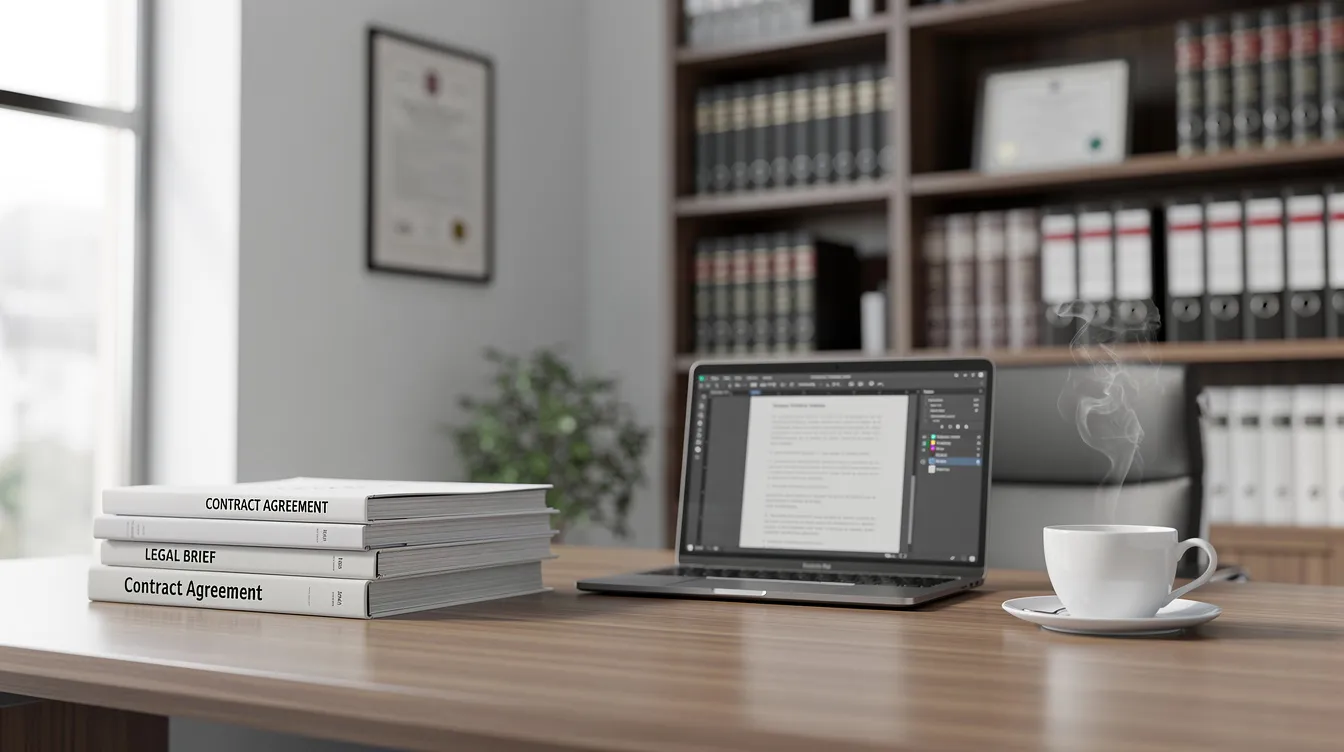 The image depicts a professional office desk in a modern law office, featuring legal documents related to mechanics liens, a laptop, and a coffee cup, all arranged in a well-lit environment. This setup reflects the organized workspace of a lien claimant or attorney working on lien rights and payment disputes in the construction industry.