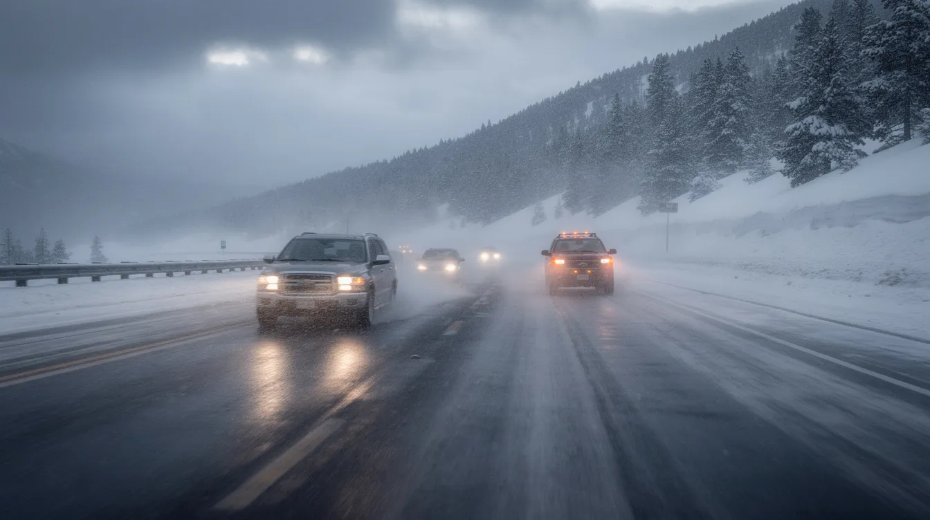 The image shows a close view of multiple vehicles navigating through heavy blowing snow on a Colorado highway, highlighting the challenging driving conditions that can lead to multi vehicle accidents. The scene captures the potential for a multi car crash, emphasizing the need for caution and awareness among drivers during winter weather.