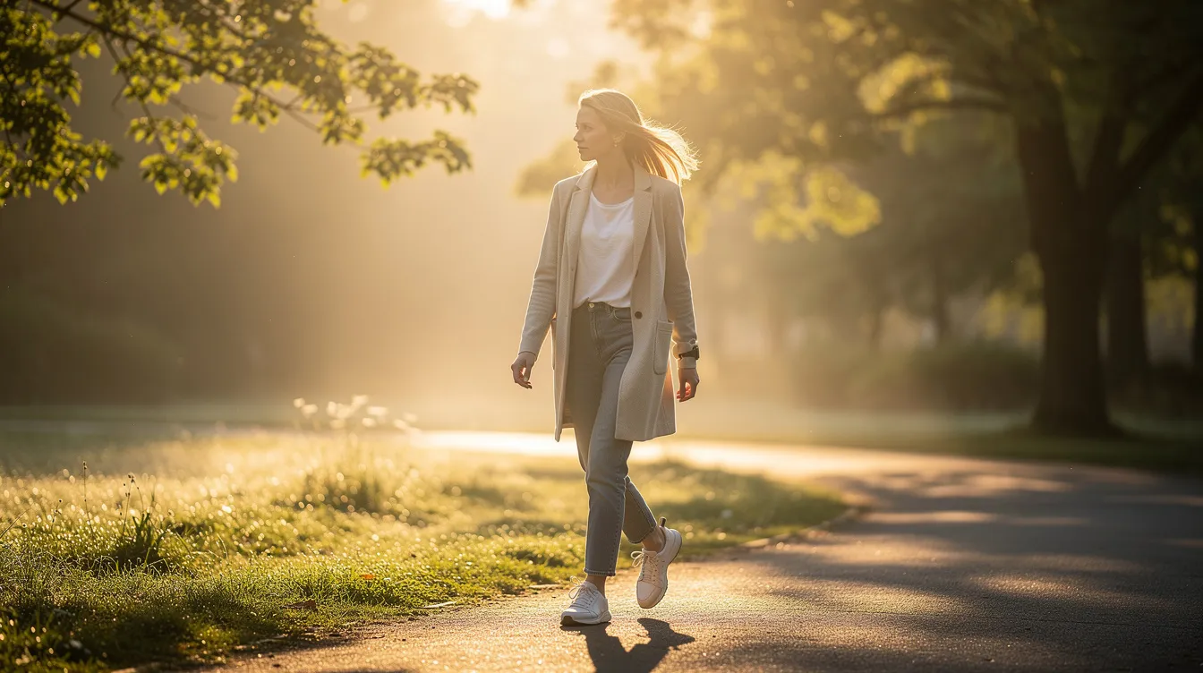 A woman walks outdoors in the soft morning light, enjoying the fresh air and the peaceful surroundings, which contribute to her overall health and well-being. This serene moment reflects the importance of maintaining a healthy lifestyle, especially for women managing conditions like uterine fibroids.