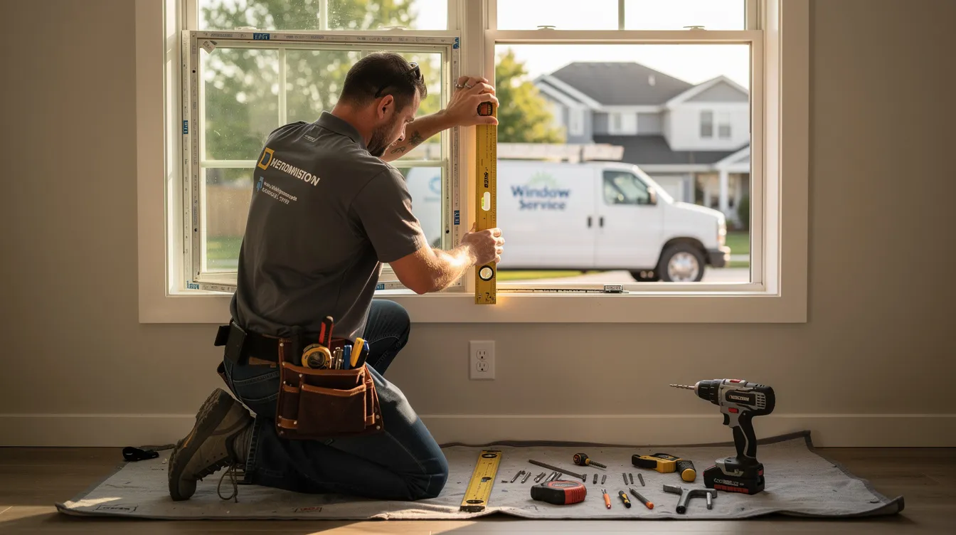 A professional technician is installing a residential window, equipped with various tools, while a service van is parked in the driveway. This image highlights the home services industry, showcasing skilled franchise owners who provide essential home repair and maintenance services to local communities.