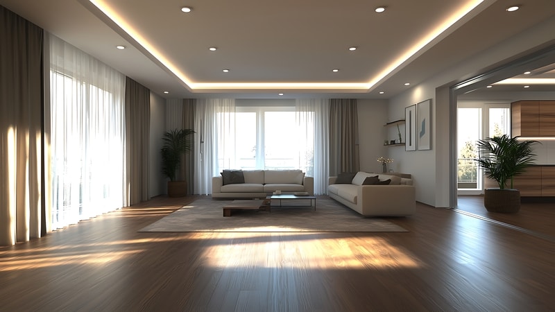 Modern living room illuminated by recessed GU10 LED bulbs