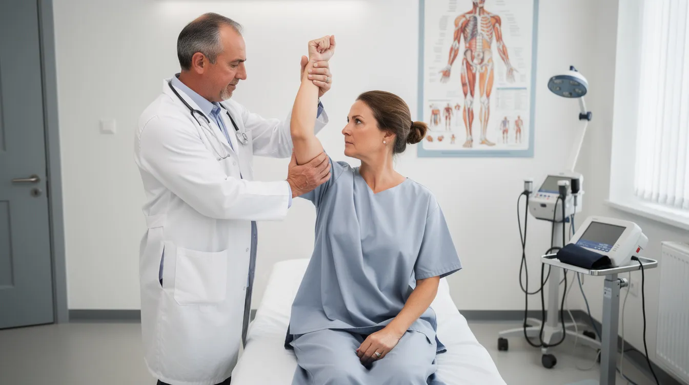 A doctor is conducting a consultative examination in an examination room, assessing a patient's range of motion while reviewing their medical history and relevant medical records. This evaluation is part of the disability determination process for social security disability claims.