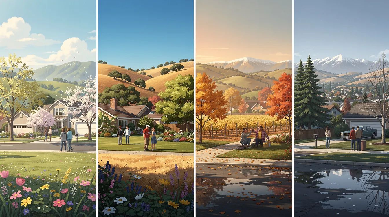 The image depicts a scenic view of Saratoga Springs, showcasing the beauty of its four-season climate, with vibrant autumn leaves and a clear blue sky. This picturesque setting highlights the importance of professional gutter cleaning services to protect homes from water damage and debris buildup during seasonal changes.