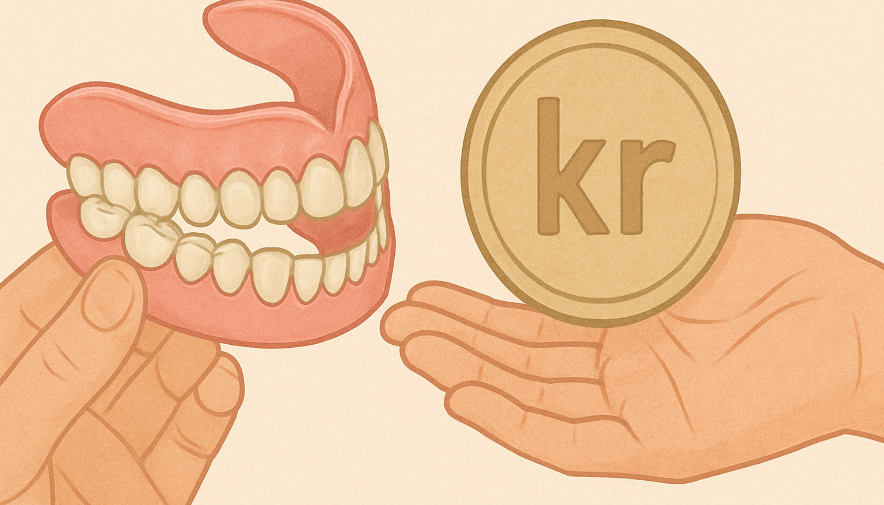 Illustrasjon av hånd som holder tannprotese og annen hånd som viser mynt med krone-symbol, symboliserer økonomisk støtte.