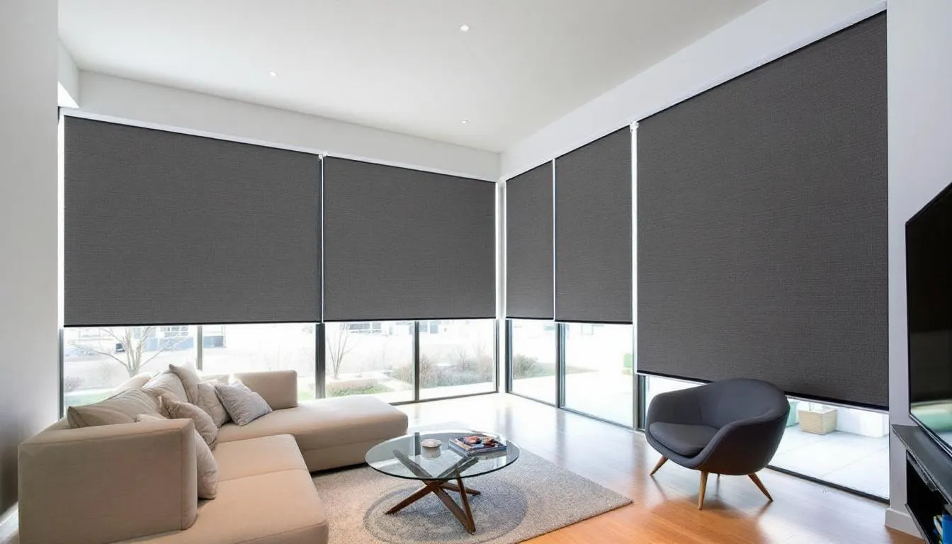 A modern living room featuring electric roller shades that provide convenience and style.