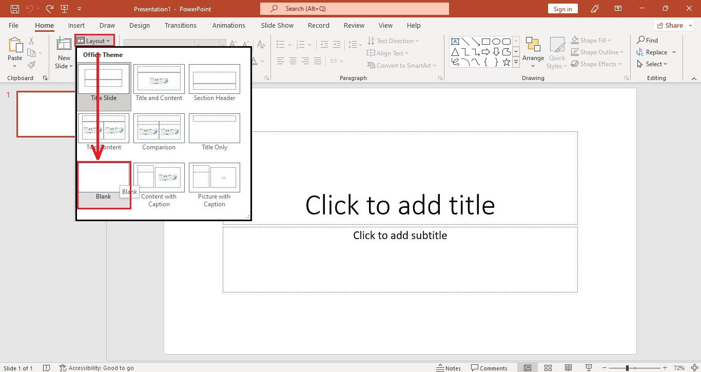 Select a blank slide presentation from the drop-down menu.