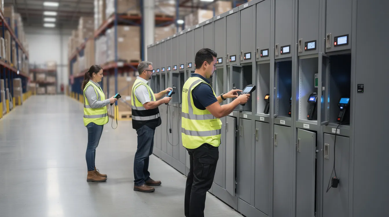 In a warehouse staging area, workers are seen checking out handheld RF scanners from a row of metal smart lockers, which are equipped with advanced features for efficient device management. The scene emphasizes the importance of secure storage for valuable equipment, including spare lithium ion batteries and chargers, ensuring optimal performance during their shifts.