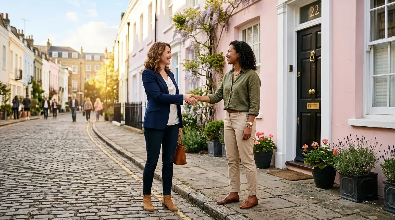 Employer and new hire shaking hands outside a residence as the worker prepares to move for a job