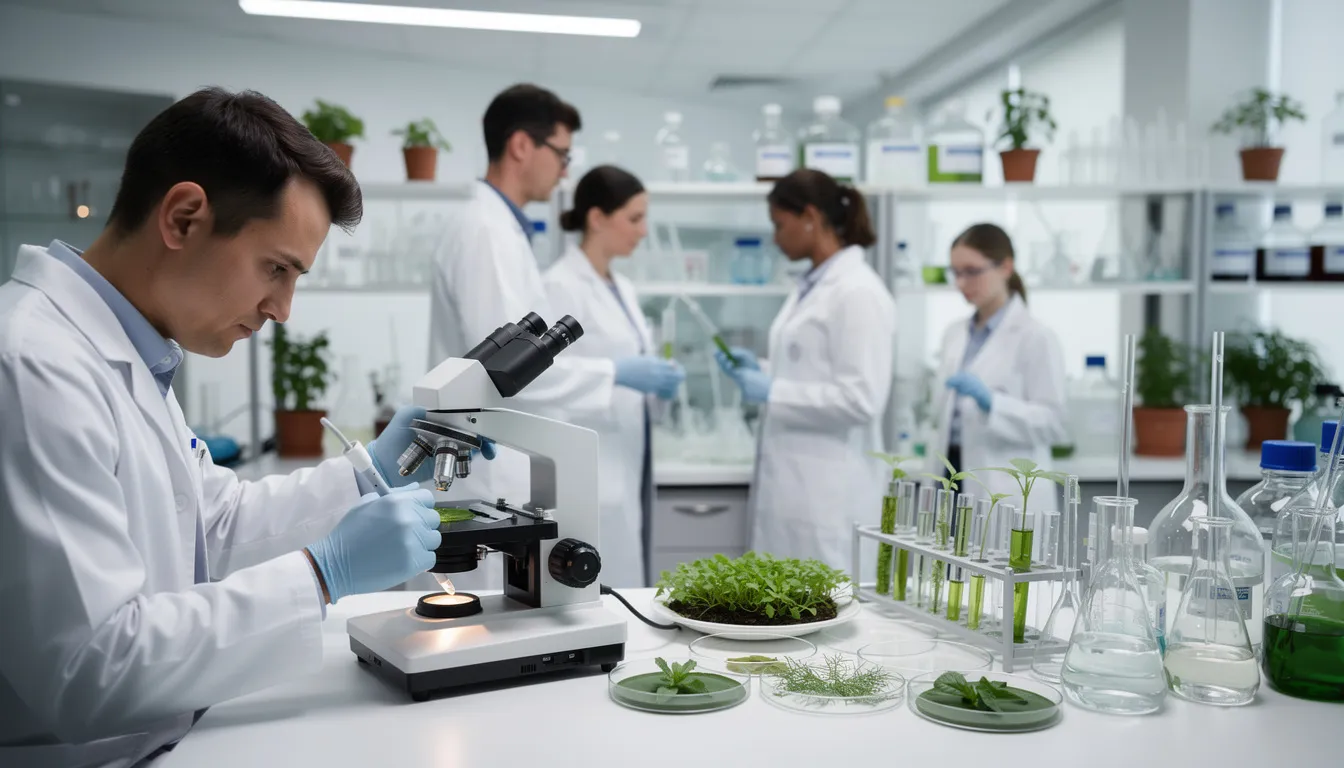 Auf dem Bild sind Wissenschaftler in weißen Laborkitteln zu sehen, die mit verschiedenen Laborgeräten und Pflanzenproben arbeiten. Sie untersuchen die chemische Struktur von Cannabinoiden wie Delta 9 Tetrahydrocannabinol und erforschen deren Wirkung auf die CB1 und CB2 Rezeptoren im menschlichen Körper.