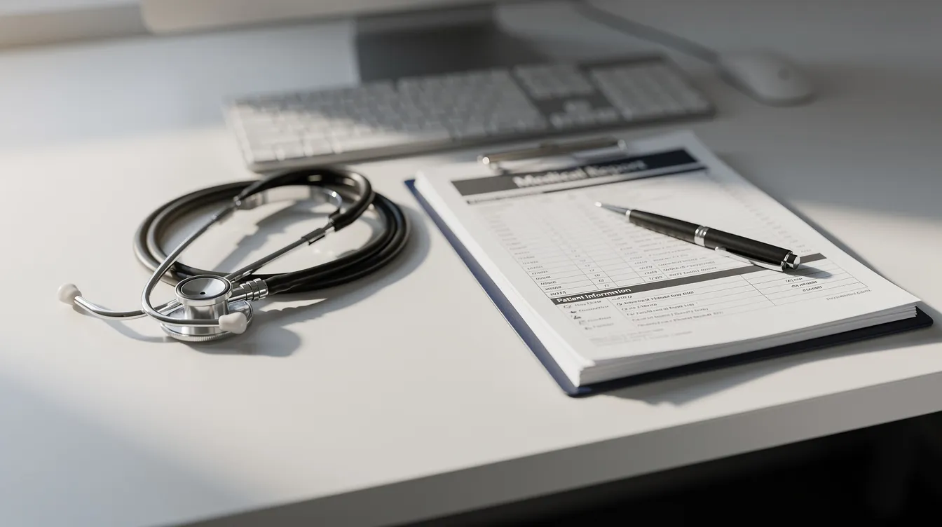 The image features a stethoscope alongside a medical folder on a desk, symbolizing the importance of medical records and documentation in the disability claim process. This visual representation underscores how crucial medical evidence is in determining the established onset date for social security disability benefits.
