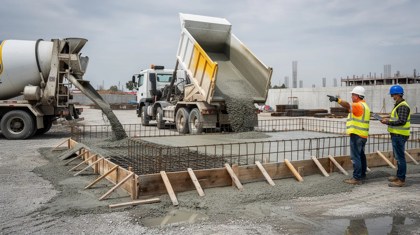 The image depicts a construction site with a dump trailer filled with broken concrete and construction debris, showcasing the process of concrete disposal. Nearby, workers are efficiently managing the removal of heavy debris while ensuring environmentally friendly practices by recycling concrete at a designated recycling facility.