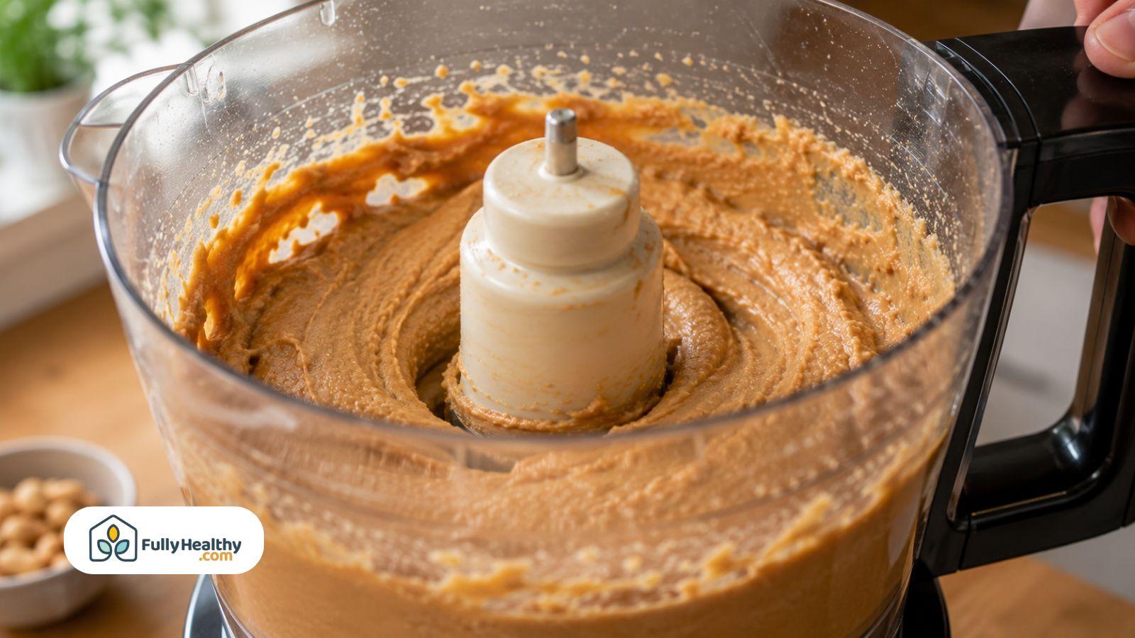 Creamy homemade peanut butter blending smoothly inside a food processor during preparation.