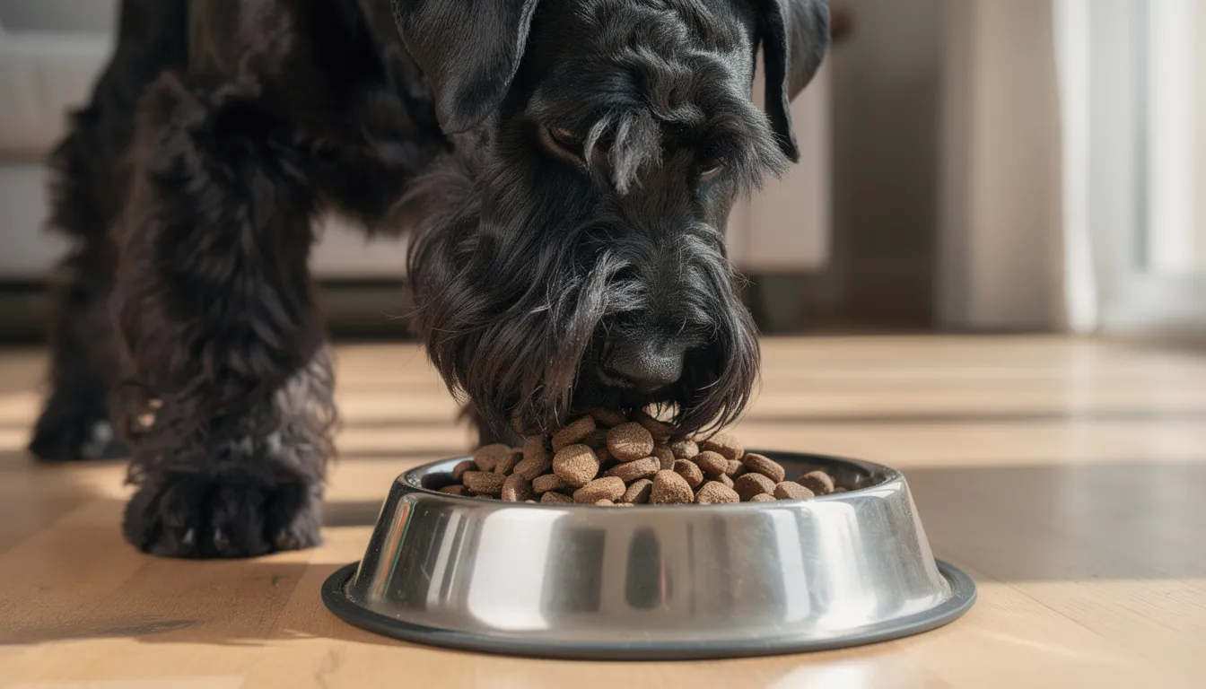 A giant schnauzer is happily eating high-quality kibble from a dog bowl, showcasing its robust build and distinctive rough coat. This adult dog exemplifies the breed's energetic personality and loyalty, making it a beloved companion.