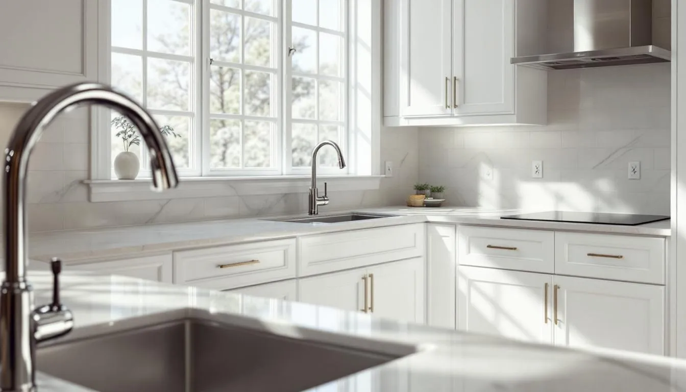 The image depicts a kitchen featuring freshly painted white cabinets that showcase a smooth and professional finish. The cabinets, which have been expertly painted, highlight the quality of the cabinet painting process and the transformation it brings to the kitchen space.