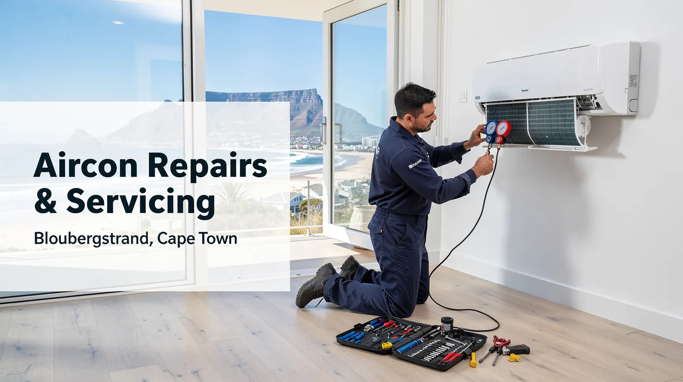 The image depicts a professional air conditioning service team in Bloubergstrand, Cape Town, working on various air conditioners, including both residential and commercial units. They are focused on repairs, maintenance, and aircon regassing, ensuring efficient performance for their customers during the warm summer months.