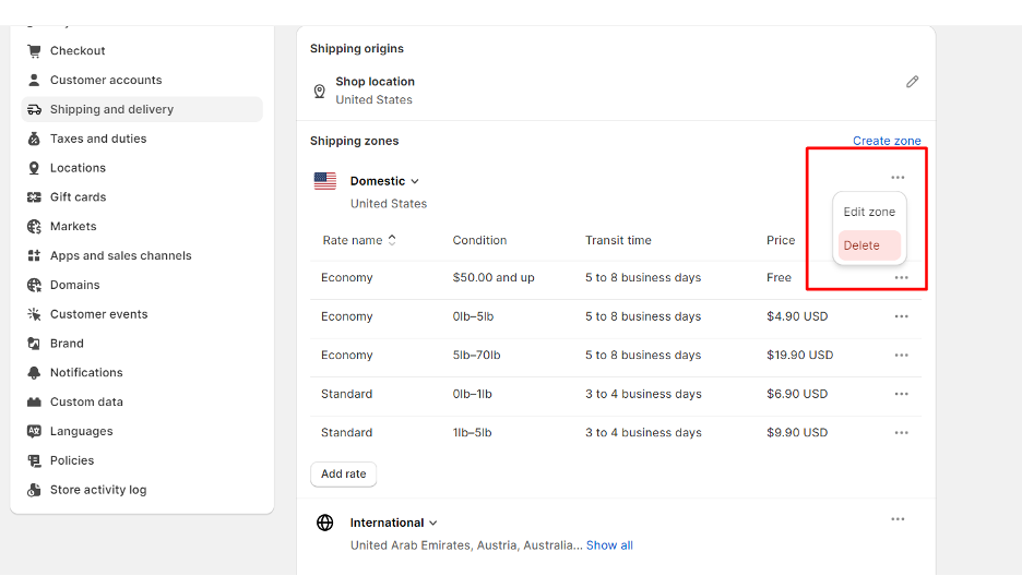 Shopify dashboard - Shipping and delivery settings - Deleting shipping zones - Step 1