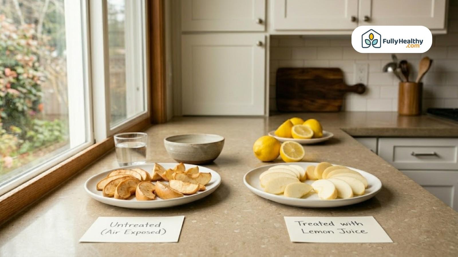 Comparison of untreated and lemon-treated apple slices showing browning difference