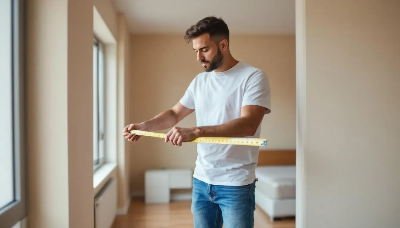 A person is measuring the available floor space in a bedroom to determine the best placement for stylish furniture, such as a chest of drawers and a dressing table, ensuring practical storage solutions that meet their needs.