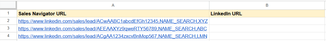 Sales Navigator to LinkedIn URL sheet