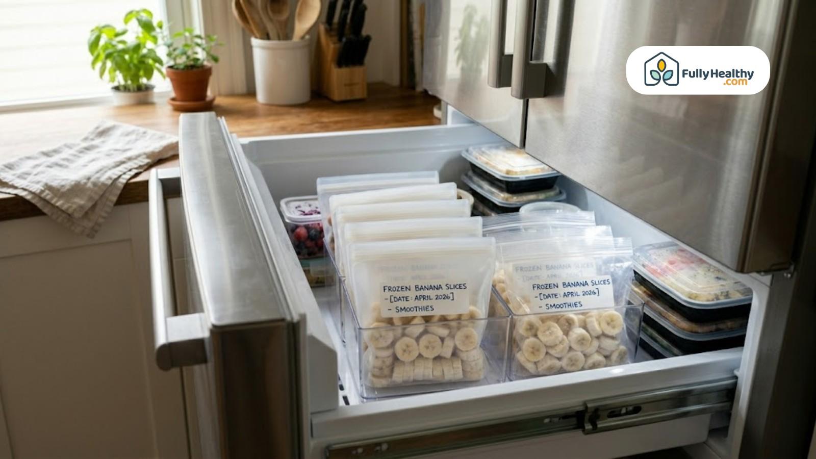 Organized freezer drawer filled with labeled bags of frozen banana slices