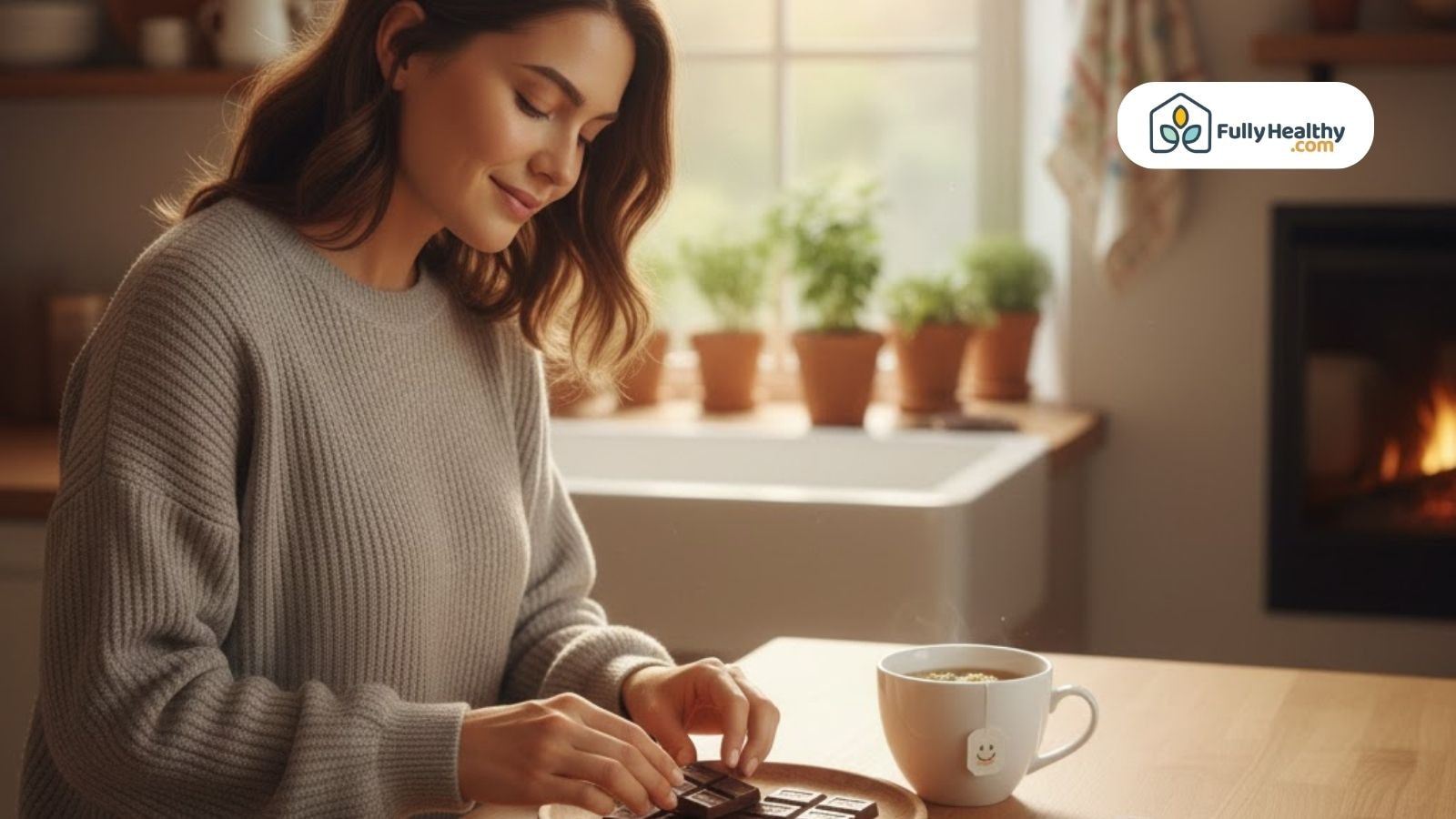 Woman enjoying dark chocolate with tea in cozy kitchen setting