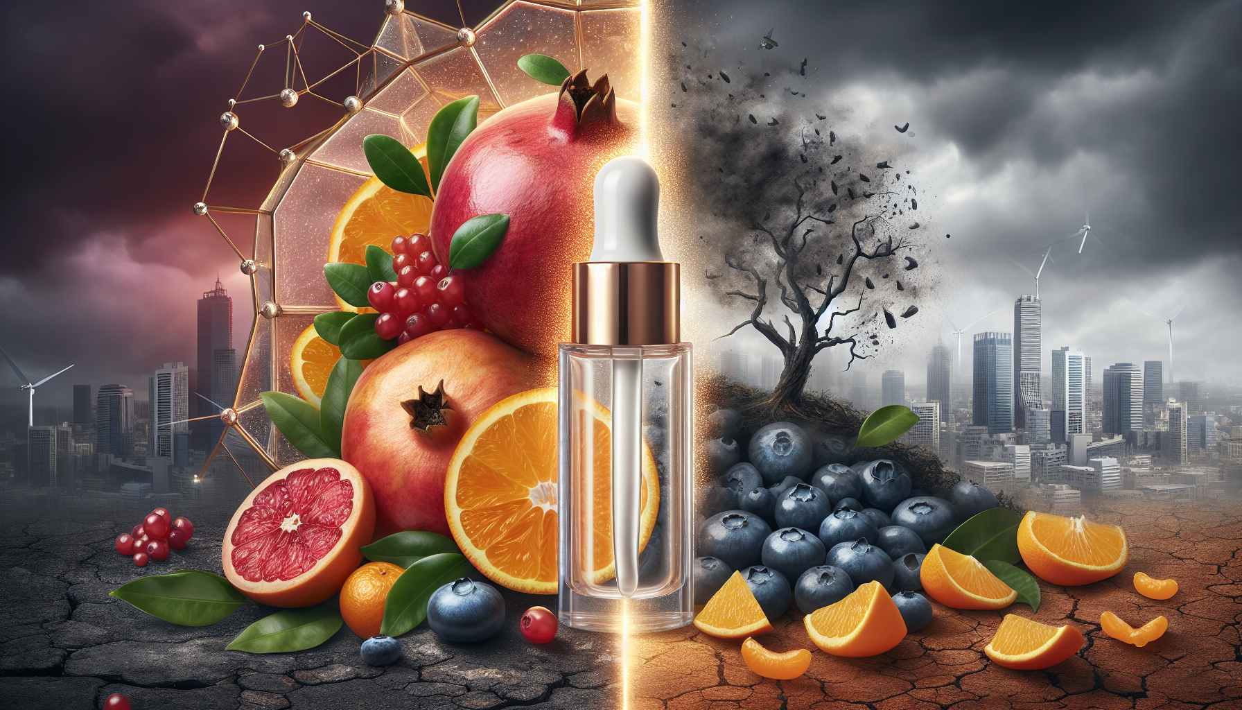 Antioxidant fruits and environmental stressors illustration