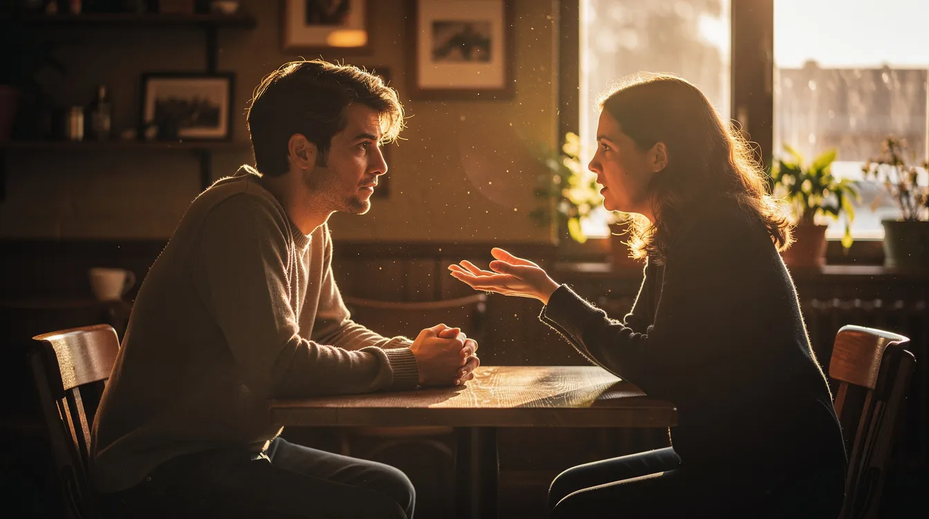 The image depicts two people sitting across from each other, illuminated by warm golden light, engaged in a deep conversation that reflects the curiosity and thoughtful questions often associated with Jesus Christ. Their expressions suggest a genuine interest in each other's perspectives, reminiscent of the great leaders who remain curious and seek to understand the complexities of life and faith.