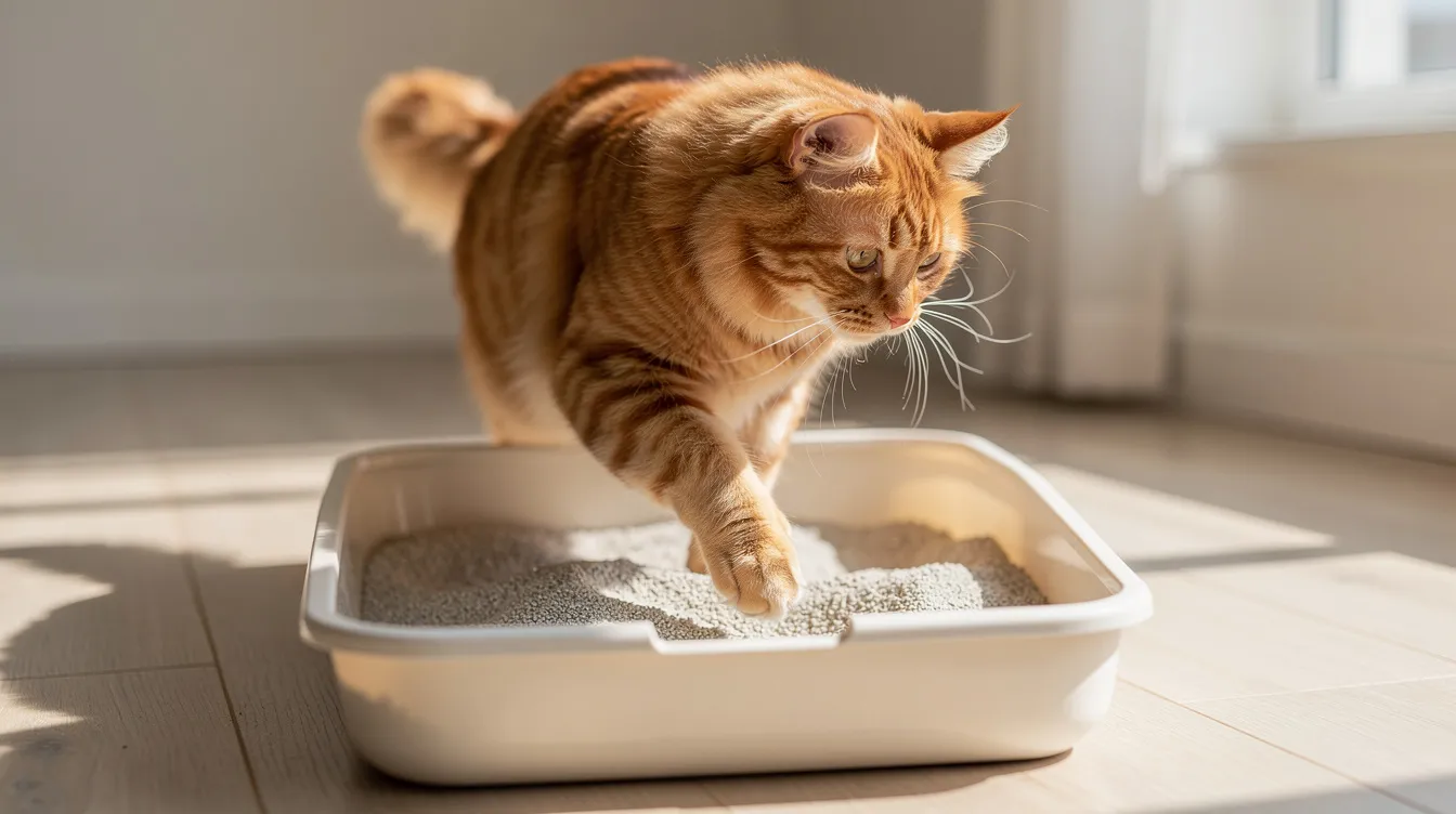 A fluffy orange tabby cat is stepping into a clean litter box filled with fresh litter in a bright room, showcasing the ideal litter depth for optimal comfort. This scene highlights the importance of maintaining a clean litter box for the cat's well-being and odor control.