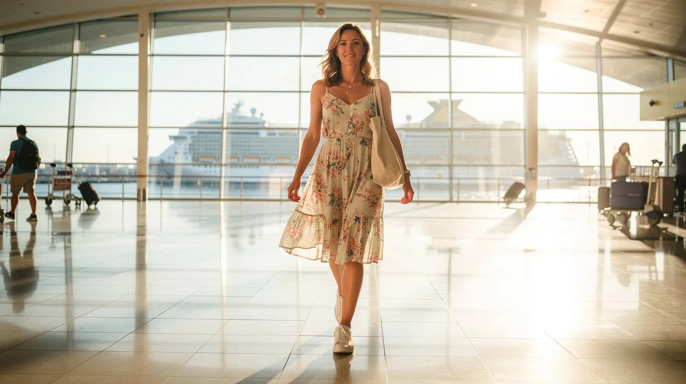 A woman strolls through a sunlit cruise port terminal, dressed in a casual sundress and comfortable white sneakers, while carrying a stylish canvas tote bag. This outfit perfectly blends cruise casual with everyday wear, making it ideal for a day of shore excursions.