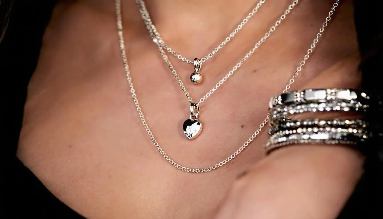 A close-up image showcases a collection of layered sterling silver necklaces and bracelets, elegantly styled to highlight their matching jewellery sets. The intricate designs feature silver cubic zirconia accents, making them a perfect gift for any occasion.