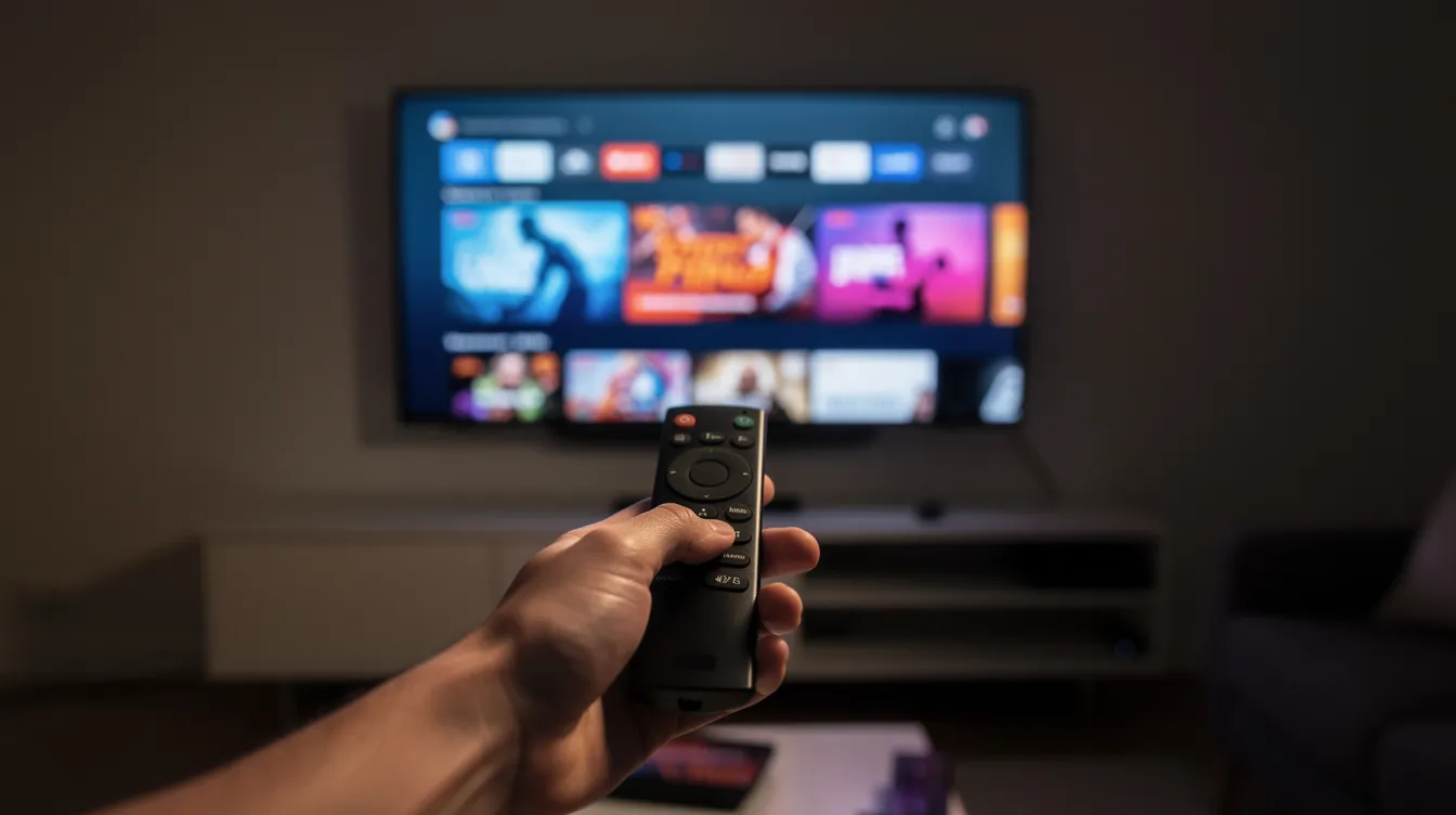 A hand is holding a remote control pointed at a smart TV displaying vibrant, colorful content in a dimly lit room, illustrating the convenience of watching live TV channels through an IPTV service. The scene captures the essence of modern entertainment, showcasing the ease of access to various streaming services and on-demand content.