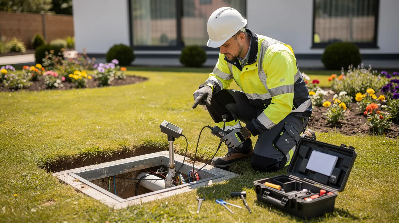 Un technicien en tenue de travail inspecte une micro station d'épuration enterrée dans un jardin résidentiel, vérifiant son état et s'assurant du bon fonctionnement du système d'assainissement non collectif. Cette intervention est cruciale pour garantir l'efficacité du traitement des eaux usées et la qualité de l'environnement.