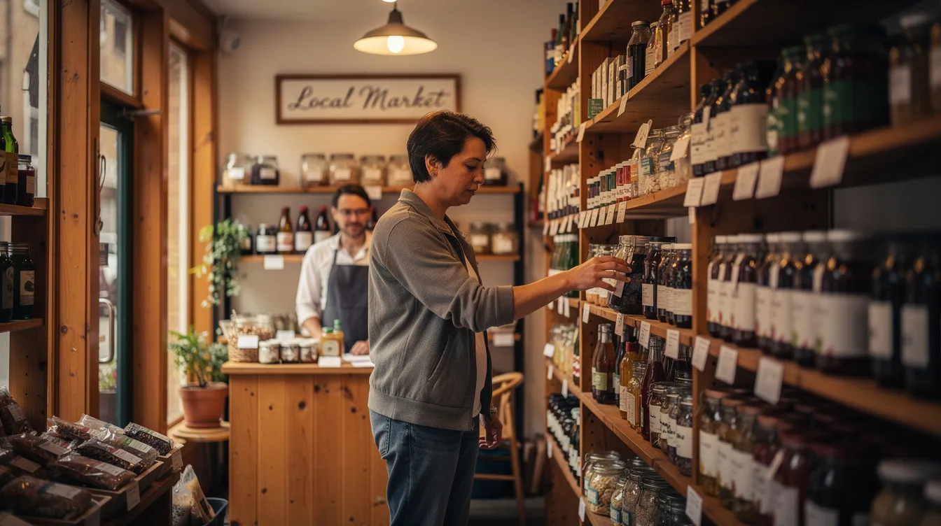 A customer is browsing products inside a small brick and mortar shop, surrounded by shelves filled with various items, showcasing the charm of local businesses and the unique offerings of physical stores. The atmosphere reflects a personal shopping experience, distinct from online retailers.