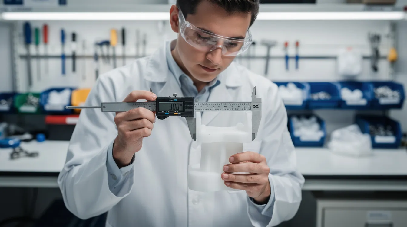An engineer, wearing safety glasses, is meticulously inspecting a freshly molded plastic part using precision calipers at a workstation, highlighting the attention to detail in the injection molding process. This scene reflects the critical steps in the production tooling and prototyping process, essential for creating functional prototypes and ensuring quality in mass production.
