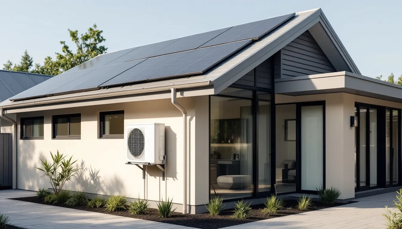 Een modern energiezuinig huis met zonnepanelen op het dak en een hybride warmtepomp installatie, dat duurzame maatregelen toepast voor energiebesparing. Dit type woning voldoet aan de technische eisen voor de ISDE subsidie, waardoor huiseigenaren mogelijk subsidie kunnen aanvragen voor hun verduurzamingsmaatregelen.