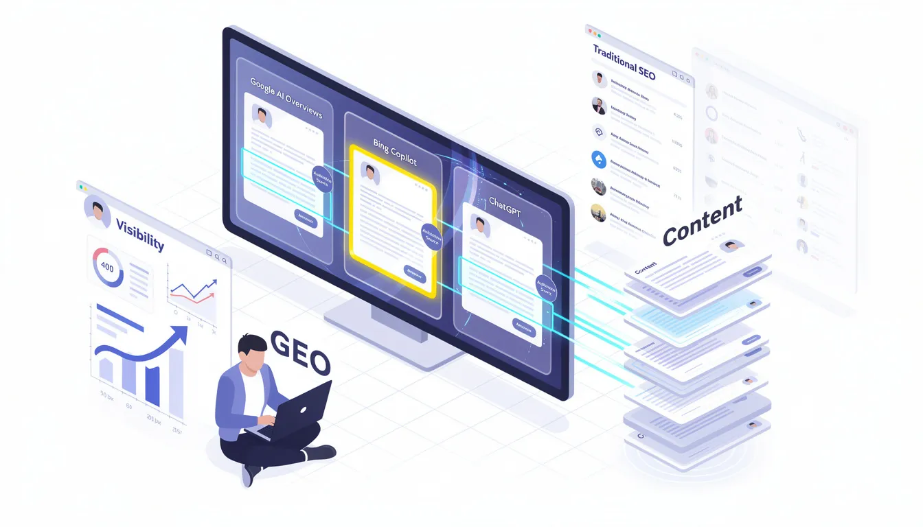 The image illustrates the concept of Generative Engine Optimization (GEO), highlighting its focus on enhancing content visibility across AI-powered search engines like Google AI and Bing Copilot. It contrasts GEO with traditional SEO, emphasizing the importance of creating optimized content that serves as an authoritative source for AI-generated answers and improving overall search results.