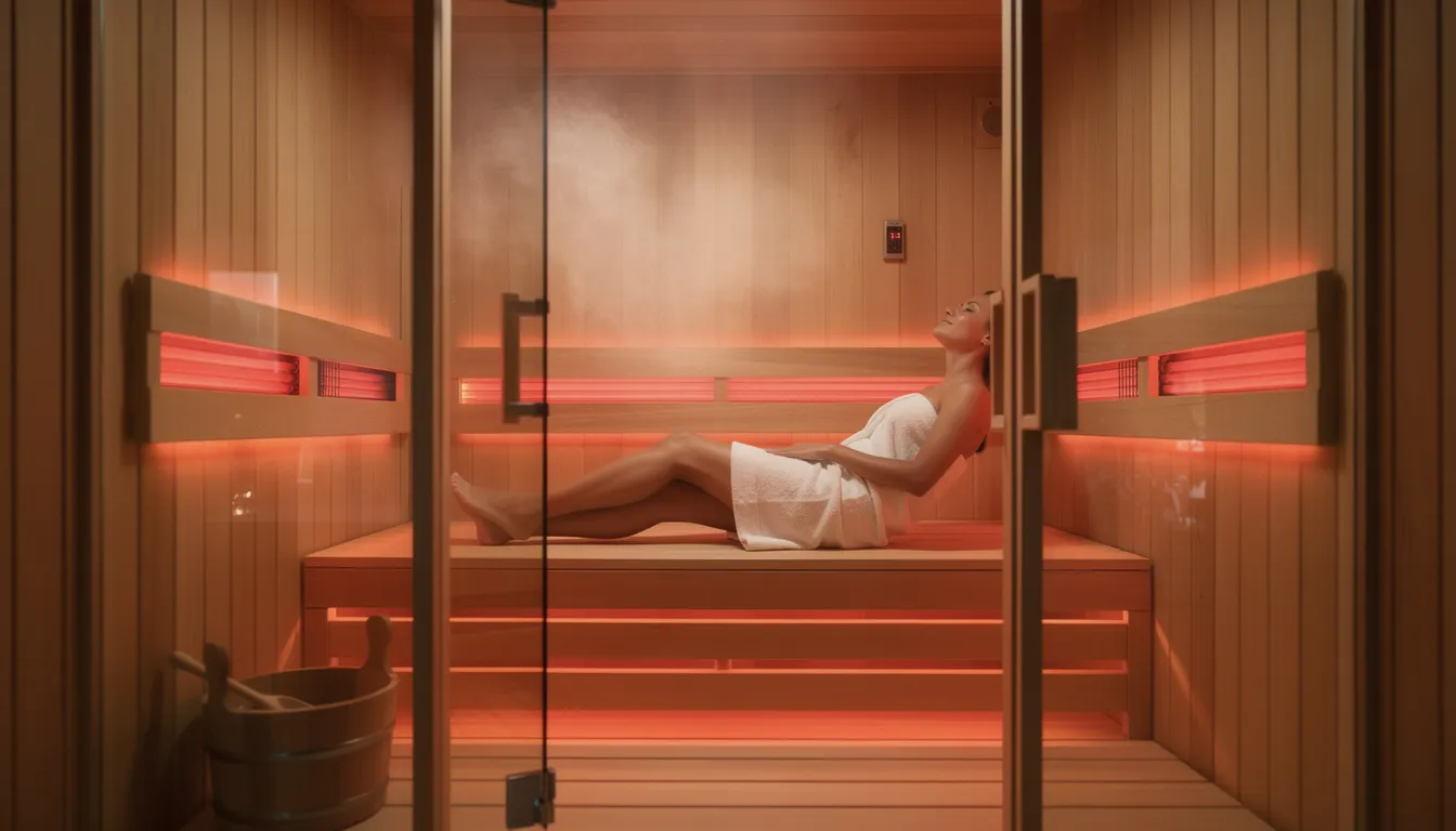 A person is relaxing inside a modern wooden infrared sauna, surrounded by soft red light panels that emit near infrared light, promoting skin health and muscle recovery. This serene environment enhances relaxation and supports overall wellness, making it an ideal addition to a health routine.
