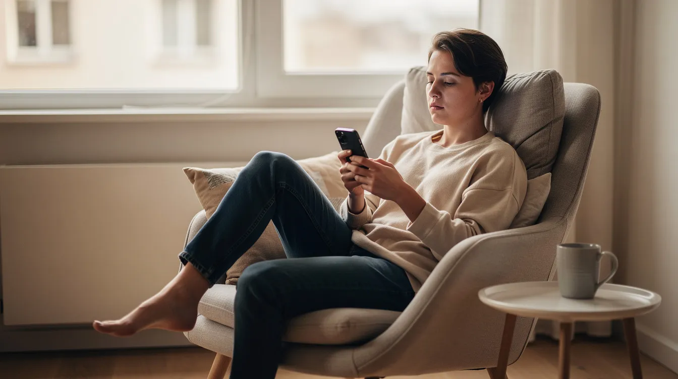 A person is sitting comfortably in a chair, thoughtfully using a smartphone, reflecting on their values and the importance of communication in relationships. This moment captures the essence of human beings navigating life, focusing on connection and compatibility with others.