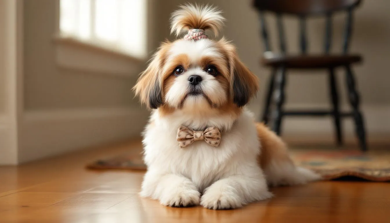 A fluffy Shih Tzu, one of the smallest dog breeds, is sitting elegantly with a stylish top knot, showcasing its long, luxurious coat and charming demeanor. This tiny dog breed exudes a friendly and affectionate temperament, making it a beloved companion.