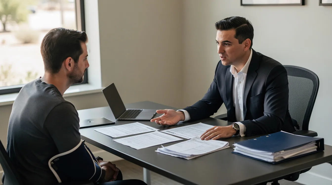 A confident attorney in a tailored dark suit leads a consultation in a modern Phoenix, Arizona law office, discussing insurance claim forms and medical bills with a car accident victim, who is seated with an arm sling. The scene captures the attorney's authoritative demeanor as they explain key details, surrounded by organized files and soft natural lighting.